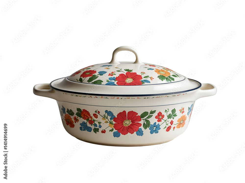 Elegant vintage casserole dish with a vibrant floral print, perfect for serving homemade meals or displaying as a charming kitchen decoration, highlighting a nostalgic design