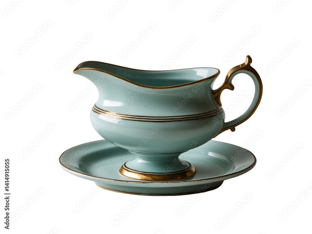 Elegant vintage gravy boat with saucer featuring delicate gold accents, isolated against a simple, elegant backdrop for a timeless aesthetic appeal