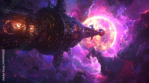 A radiant elevator pierces the sky, linking a planet to its orbital ring amid futuristic lights and celestial cosmic splendor.

