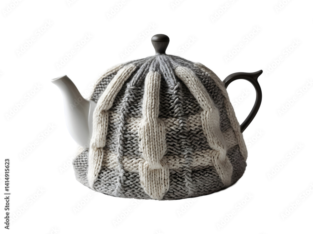 Elegant Teapot with Hand-Knitted Cozy featuring intricate braided pattern, a perfect blend of tradition and modern design for cozy tea moments, isolated.