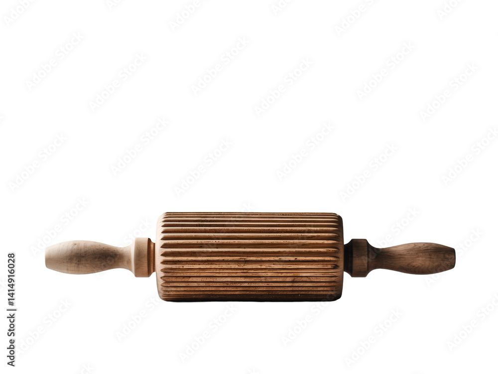 Elevated Still Life of a Handcrafted Wooden Rolling Pin with Handles, Showcasing its Unique Texture and Design for Culinary or Decorative Purposes, Studio Shot