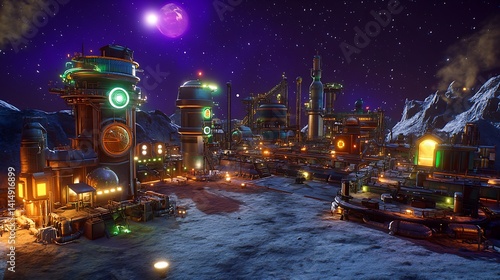 A radiant elevator pierces the sky, linking a planet to its orbital ring amid futuristic lights and celestial cosmic splendor.

