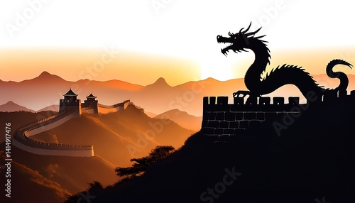 Wallpaper Mural Majestic Sunset Over Great Wall of China with Dragon Silhouette and Serene Landscape in the Background Torontodigital.ca