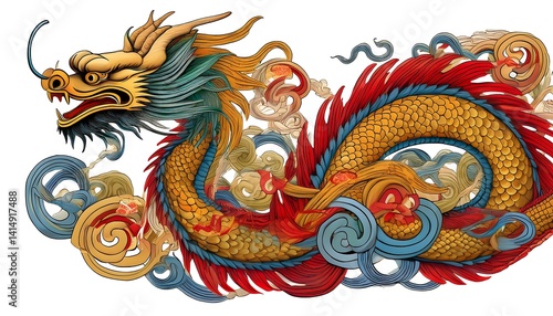 Wallpaper Mural Colorful Dragon Illustration with Intricate Details and Flowing Clouds in Traditional Asian Style Torontodigital.ca
