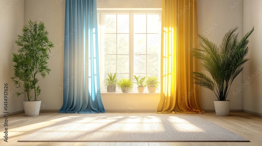Two-panel curtain in bright blue and yellow, centered in a neutral room Two-panel curtain in bright blue and yellow, centered in a neutral room