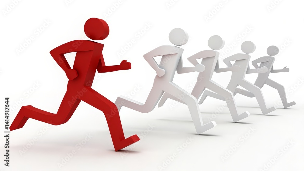 3D illustration, group of running figures, one red leader, four white followers, minimalist style, clean background, dynamic motion, teamwork concept, leadership visualization, simple shapes, bold con 3D illustration, group of running figures, one red leader, four white followers, minimalist style, clean background, dynamic motion, teamwork concept, leadership visualization, simple shapes, bold con