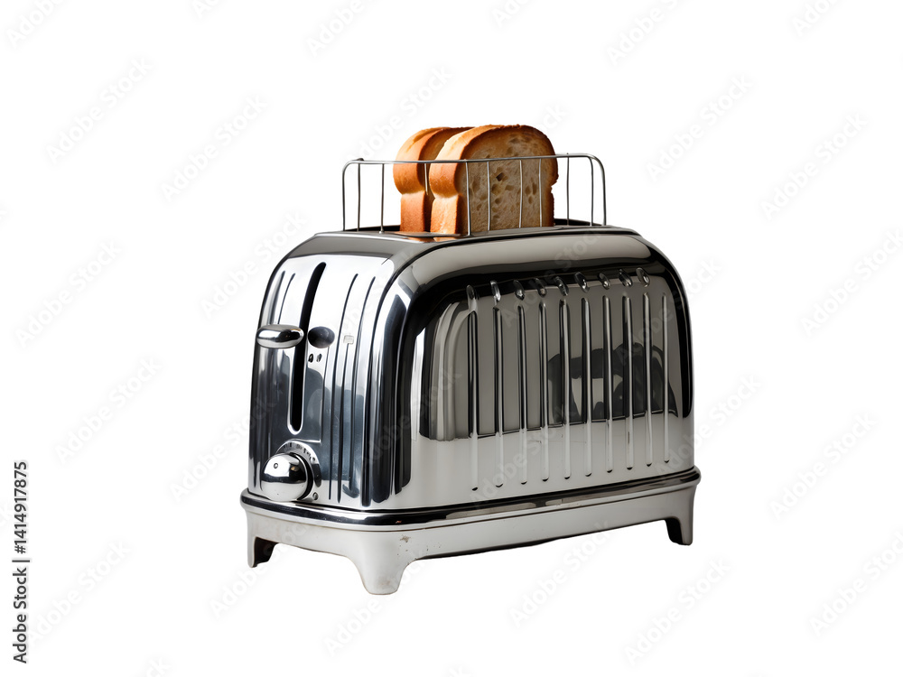 Elegant Vintage Toaster, A Nostalgic Kitchen Appliance with Chrome Finish and Golden Brown Toast Against a Clean, Minimalist Background