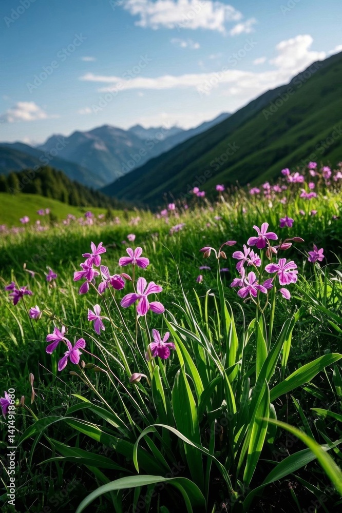 Fototapeta premium purple flowers in a field with mountains in the background