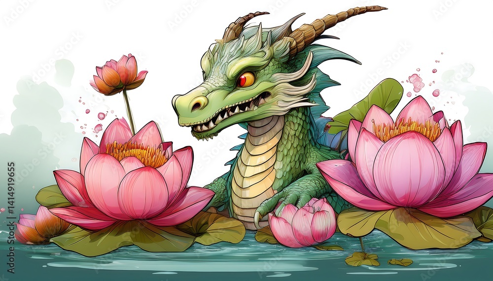 Naklejka premium Colorful Dragon Surrounded by Beautiful Lotus Flowers in a Serene Water Setting for Fantasy Art Enthusiasts