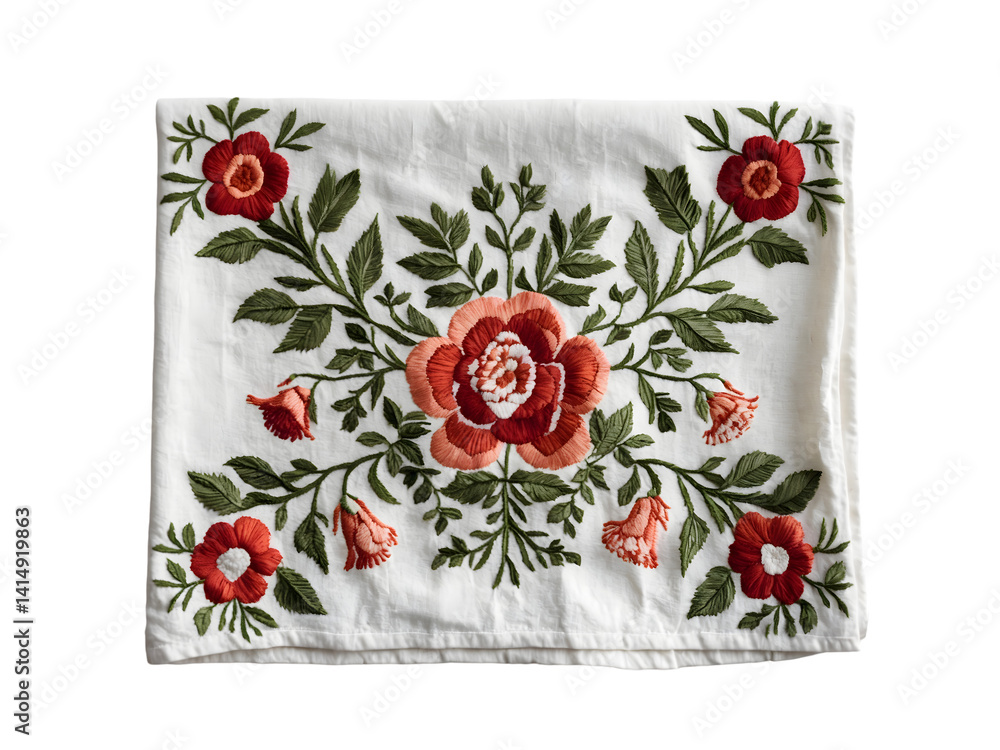 Elegant Vintage Tea Towel Showcasing Exquisite Floral Embroidery Detailing and Delicate Textures Creating a Timeless Piece of Textile Art for Home Decor Enthusiasts
