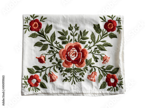 Obraz na płótnie Elegant Vintage Tea Towel Showcasing Exquisite Floral Embroidery Detailing and Delicate Textures Creating a Timeless Piece of Textile Art for Home Decor Enthusiasts w salonie