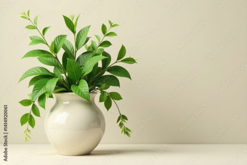Lush Green Branches in an Elegant Off-White Vase Against a Neutral Background Lush Green Branches in an Elegant Off-White Vase Against a Neutral Background