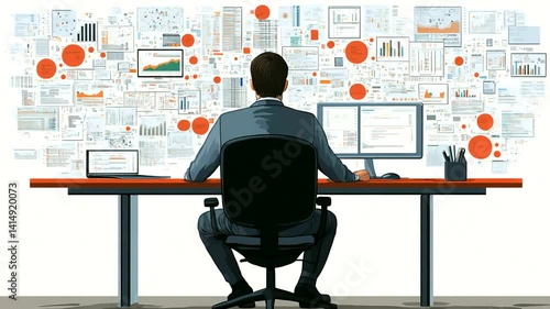 Analyst reviewing data charts, office, information overload