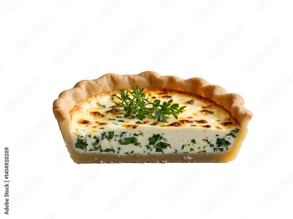 Exquisite slice of mini quiche, a culinary delight featuring fresh herbs and a delectable filling, perfect for showcasing gourmet food photography and savory pastry art