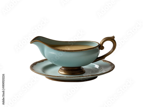 Obraz na płótnie Exquisite Vintage Gravy Boat with Matching Saucer, A Timeless Piece of Culinary History and Elegant Design Capturing Sophistication and Charm From a Bygone Era w salonie