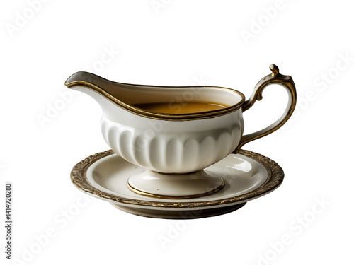 Obraz na płótnie Exquisite Vintage Gravy Boat and Saucer with Golden Accents, a Classic Addition to Culinary Tableware, Perfect for Serving Gravies and Sauces with Elegance w salonie