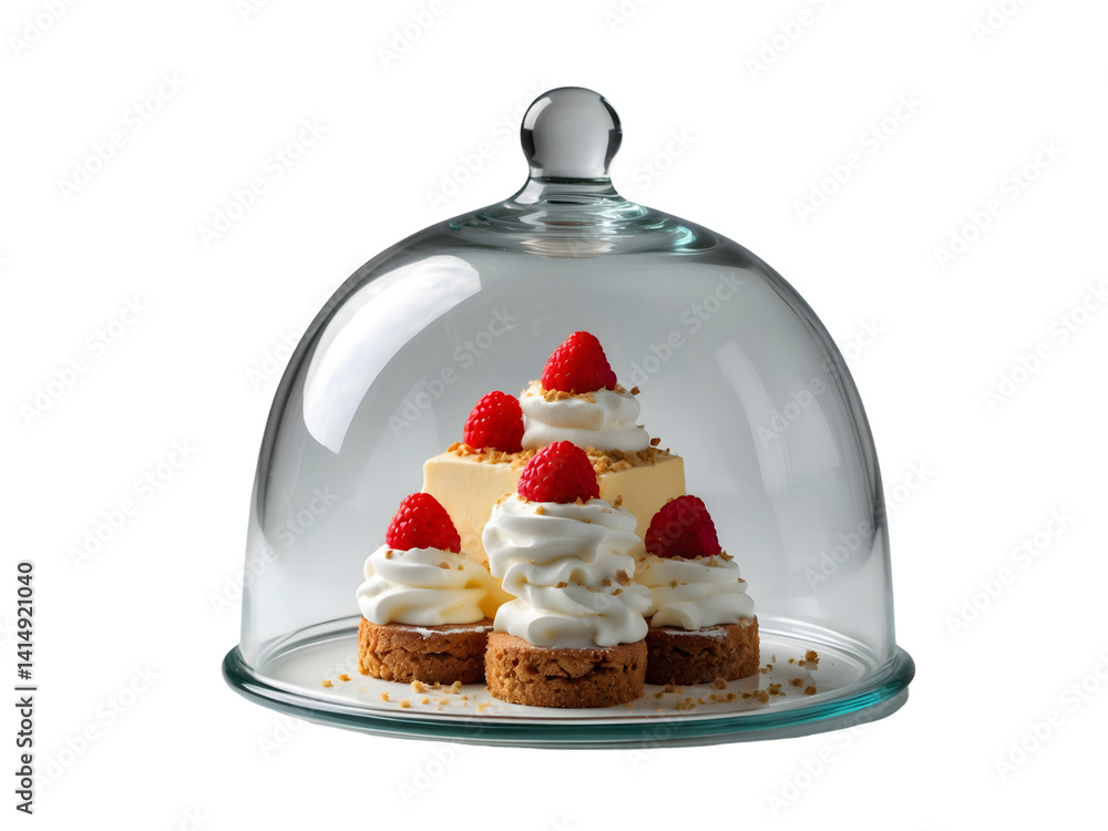 Exquisite dessert assortment showcased under a pristine glass dome on an isolated plain conveying sophistication and culinary artistry for luxury confectionary designs