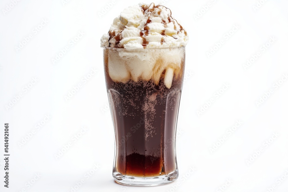 Enjoying a classic root beer float topped with whipped cream and chocolate drizzle in a cozy café Enjoying a classic root beer float topped with whipped cream and chocolate drizzle in a cozy café