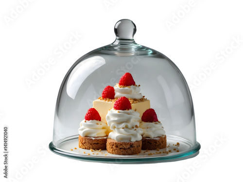 Obraz na płótnie Exquisite dessert assortment showcased under a pristine glass dome on an isolated plain conveying sophistication and culinary artistry for luxury confectionary designs w salonie