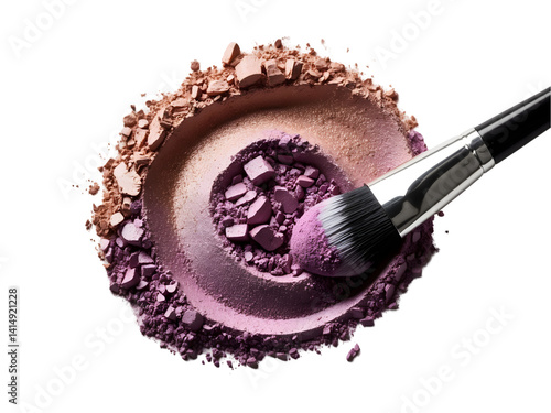 Elevated View of Professional Eyeshadow Brush with Pigment Dust on Isolated Surface Displaying Cosmetic Colors and Textures for Beauty and Makeup Artistry