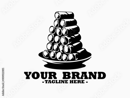 drawing of a stack of several cylindrical spring rolls arranged on a round serving plate. lumpia food concept, lumpia indonesian traditional food outline, spring rolls line art, lumpia logo vector