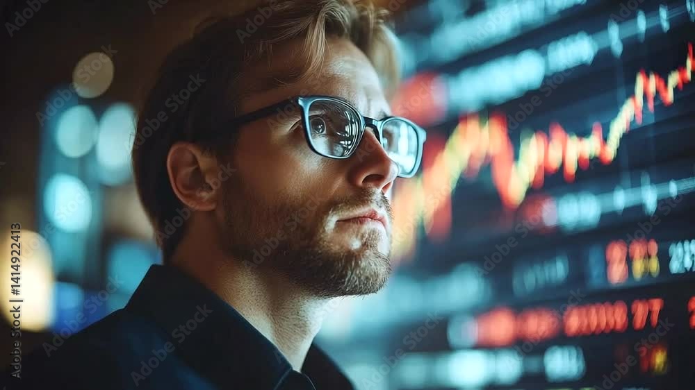 Analyst reviews stock market data at night Analyst reviews stock market data at night