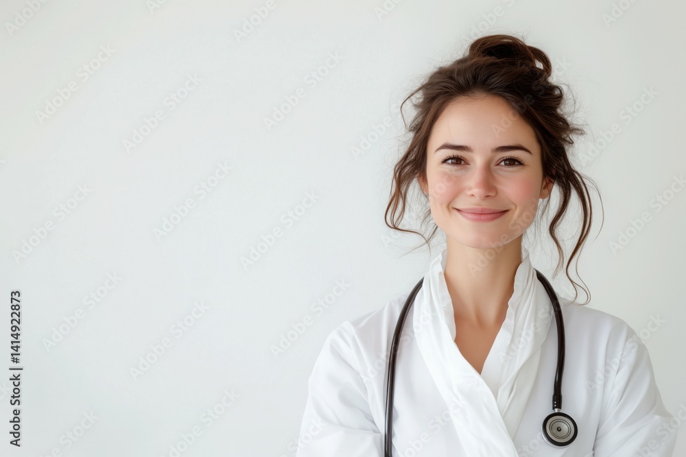 Young beautiful woman doctor in white clothing, wearing a stethoscope around her neck and smiling, on a white background, with copy space to the side. Young beautiful woman doctor in white clothing, wearing a stethoscope around her neck and smiling, on a white background, with copy space to the side.