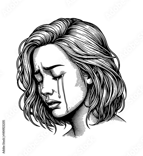 Close-up illustration of a sad woman crying with tears in black and white line art