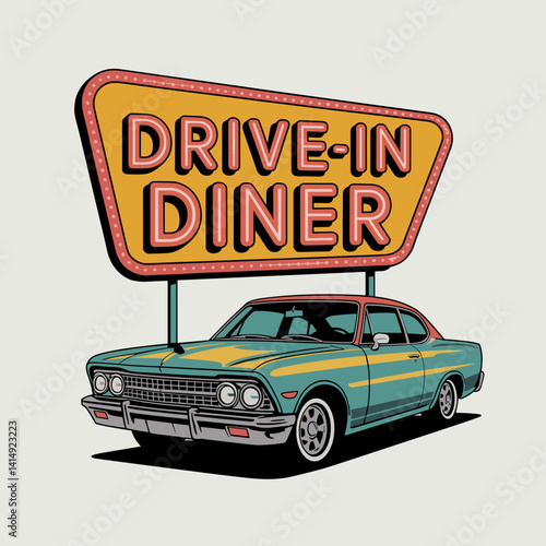Retro Drive-In Diner Sign with Classic Vintage Car