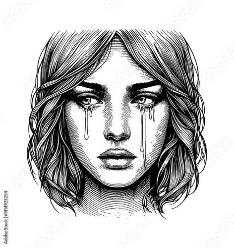 Close Up Portrait of Crying Woman in Detailed Engraved Line Art with Tears and Sadness