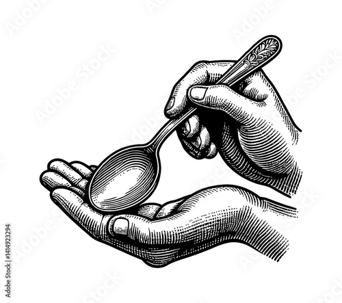 Hand Offering or Receiving a Spoon in Detailed Black and White Line Art Drawing