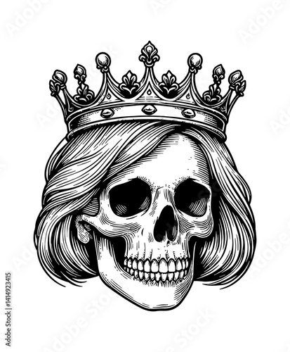 Engraved Skull with Crown and Hair, Detailed Line Art in Black and White Illustration