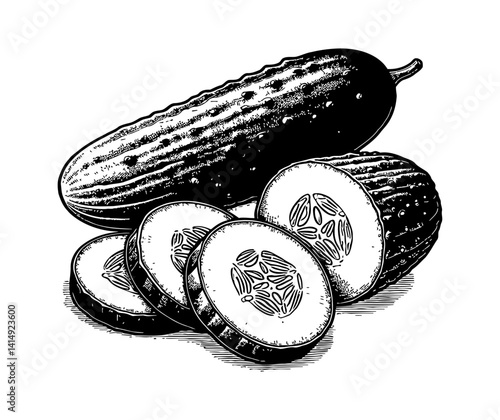 Engraved Illustration of Whole and Sliced Cucumbers in Black and White Detail