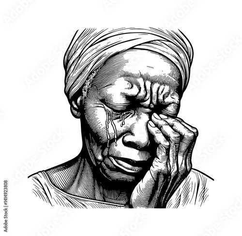 Engraving of a Crying Woman Wiping Tears, Expressing Sadness in Detailed Black and White
