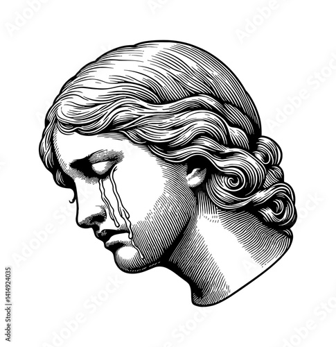 Engraved portrait of crying woman with sad expression and tears flowing down her face.