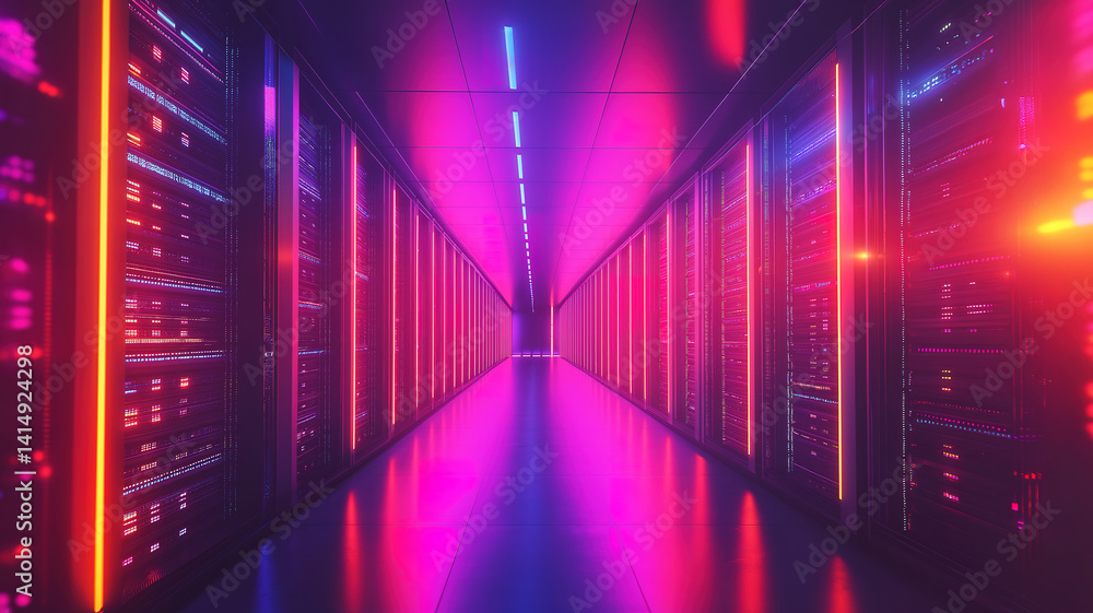 Corridor in a working data center with rack servers, supercomputers, and cloud storage integration Corridor in a working data center with rack servers, supercomputers, and cloud storage integration