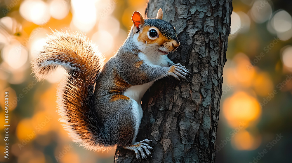 Squirrel clings to tree sunlight catches its fluffy tail with bokeh in the background for a serene natural wildlife s Squirrel clings to tree sunlight catches its fluffy tail with bokeh in the background for a serene natural wildlife s