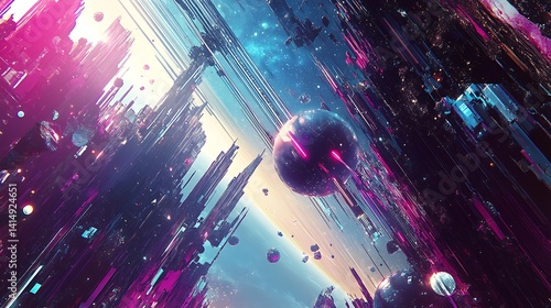 A sleek, glowing space elevator ascends to an orbital ring, framed by cosmic brilliance and the vast silence of space.

