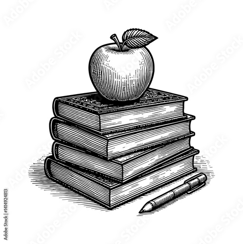 Apple on Books Stack with Pen Beside it in Vintage Engraved Detailed Black and White Illustration