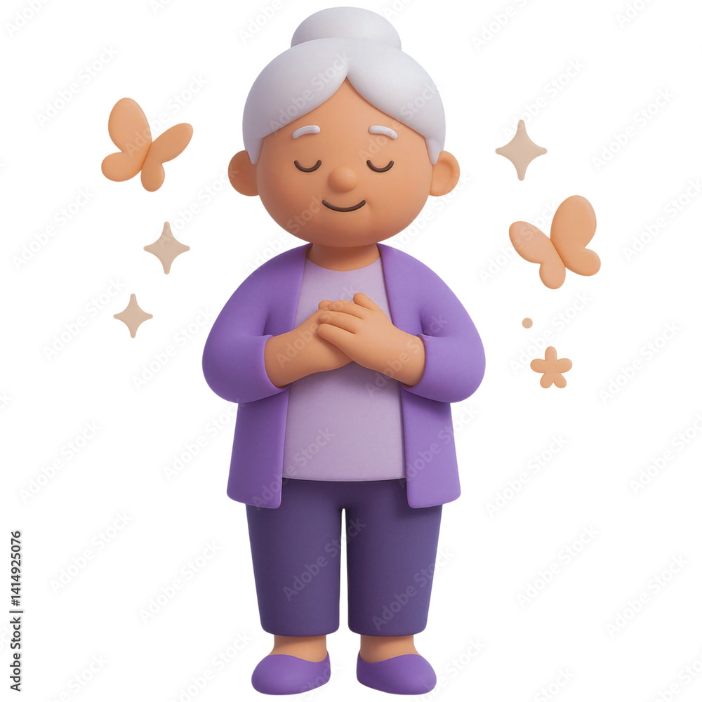 Mental Health :Elderly woman in purple clothing with butterflies and stars around her represents mental health themes Mental Health :Elderly woman in purple clothing with butterflies and stars around her represents mental health themes