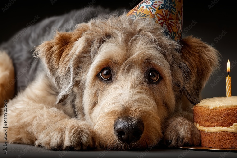 Fluffy dog celebrates birthday with colorful party hat and cake adorned with candles in cozy indoor setting