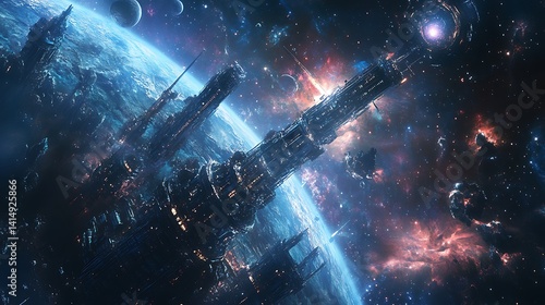 A sleek, glowing space elevator ascends to an orbital ring, framed by cosmic brilliance and the vast silence of space.


