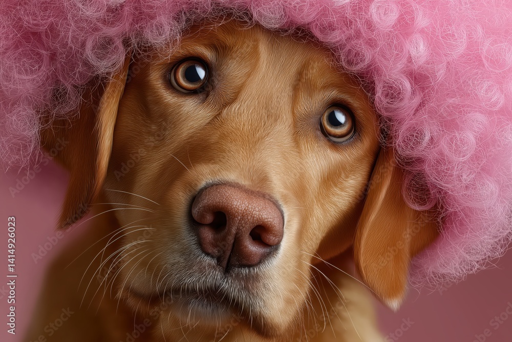 Funny golden retriever wearing a pink wig poses against a pink background for a playful portrait