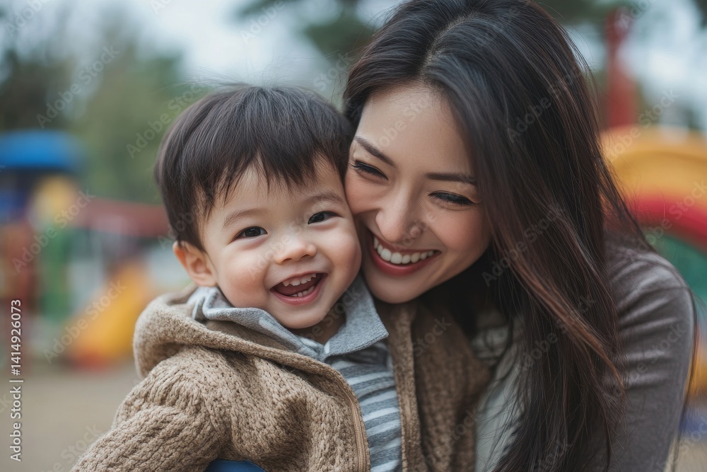 Obraz premium Mother and son laughing and playing at the park