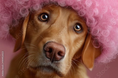 Obraz na płótnie Funny golden retriever wearing a pink wig poses against a pink background for a playful portrait w salonie