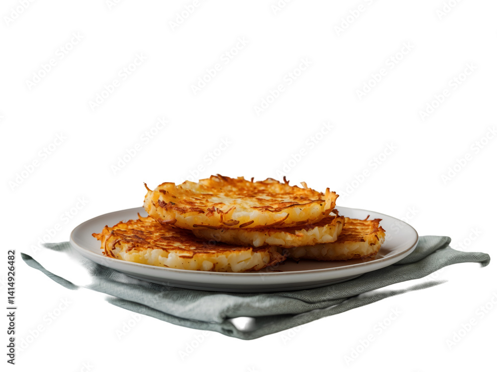 Golden Hash Browns Stacked High, A Delicious and Crispy Potato Treat on a Clean White Surface Perfect for Breakfast or Brunch Menu Illustrations