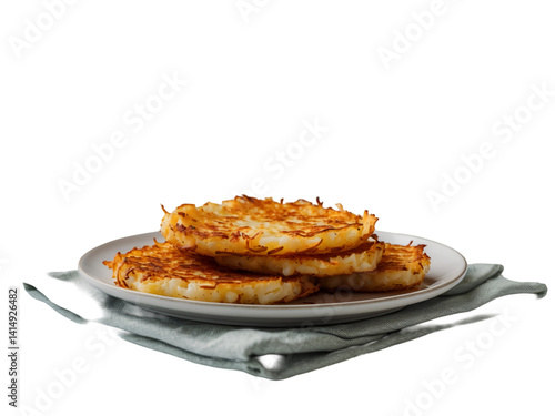 Obraz na płótnie Golden Hash Browns Stacked High, A Delicious and Crispy Potato Treat on a Clean White Surface Perfect for Breakfast or Brunch Menu Illustrations w salonie