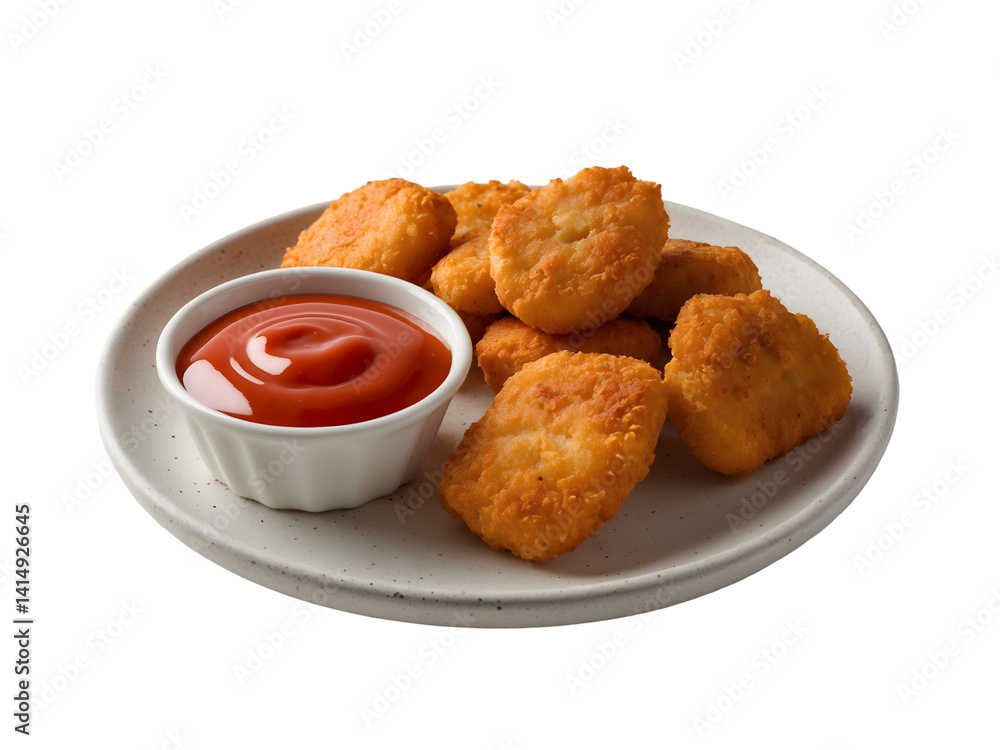 Golden Fried Chicken Nuggets with Tomato Sauce on a White Plate - Appetizing Fast Food Still Life, Delicious Meal Isolated, Ready to Eat, Perfect for Commercial Use