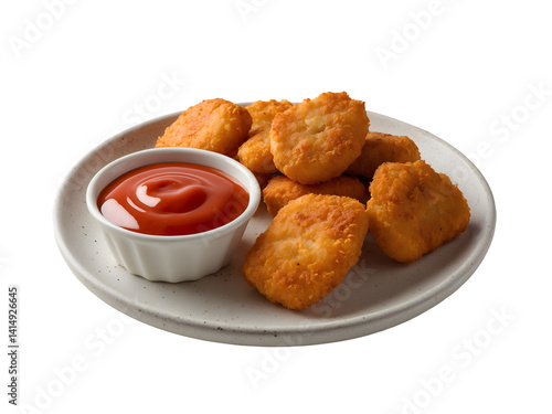 Golden Fried Chicken Nuggets with Tomato Sauce on a White Plate - Appetizing Fast Food Still Life, Delicious Meal Isolated, Ready to Eat, Perfect for Commercial Use
