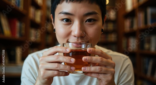 Young asian woman enjoying a cup of tea in a library. International Tea Day concept, woman taking break with herbal beverage, studying and relaxing